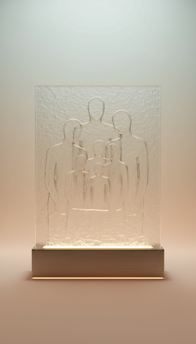 Family figures outlined in a rectangular textured glass panel on a warmly illuminated metallic base