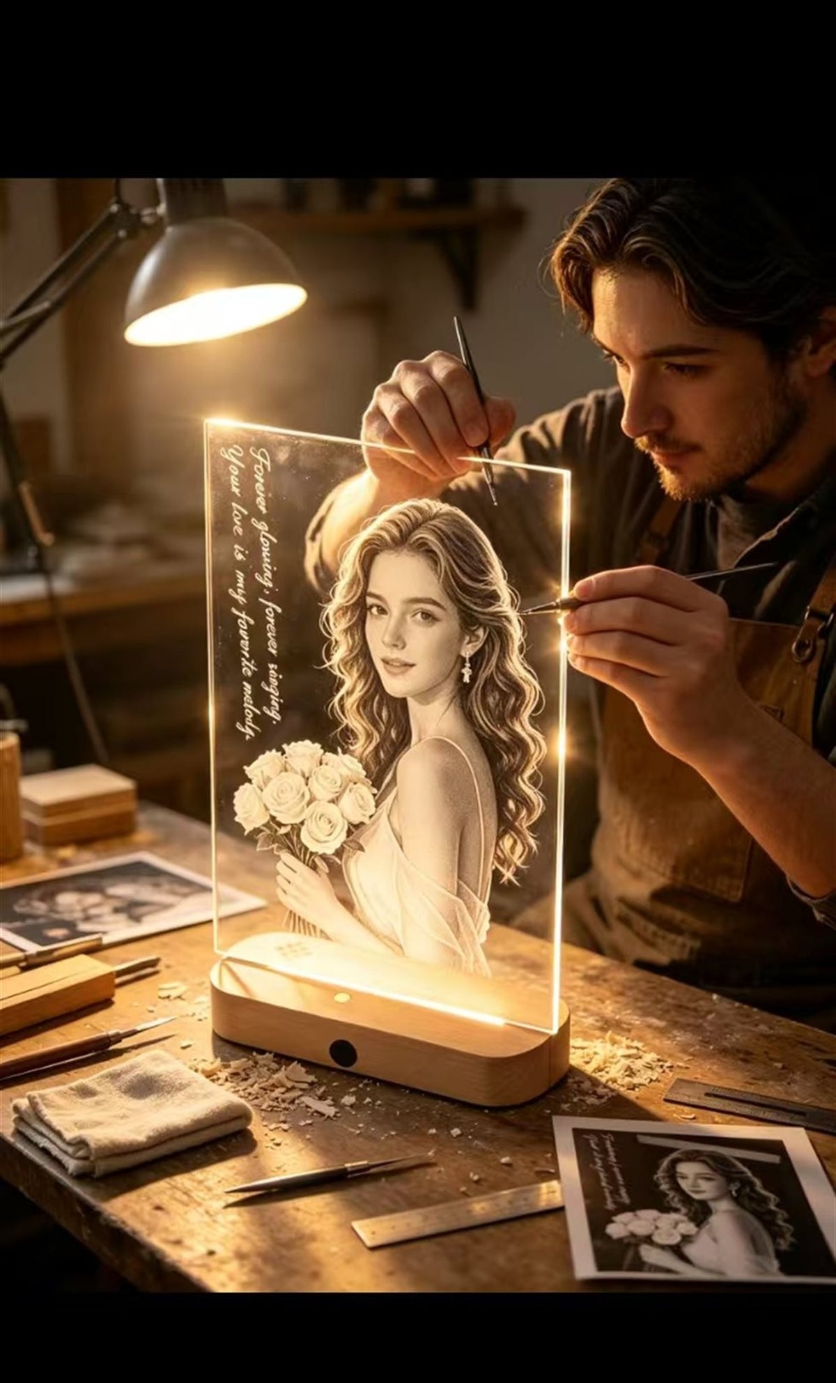 Custom Music Glass Art — Personalized Photo with Original Song, LED Light