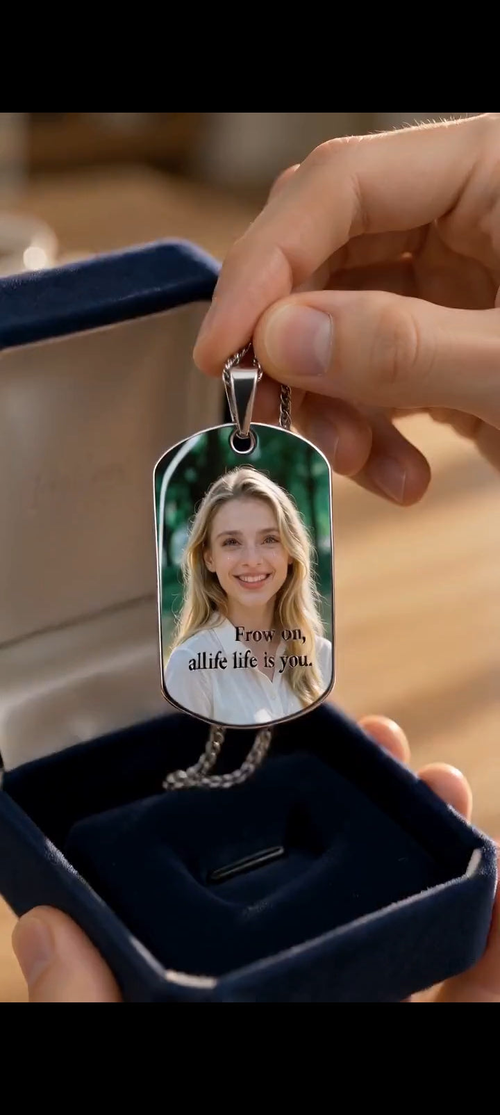 Custom Photo Engraved Dog Tag Pendant Necklace with Cuban Link Chain