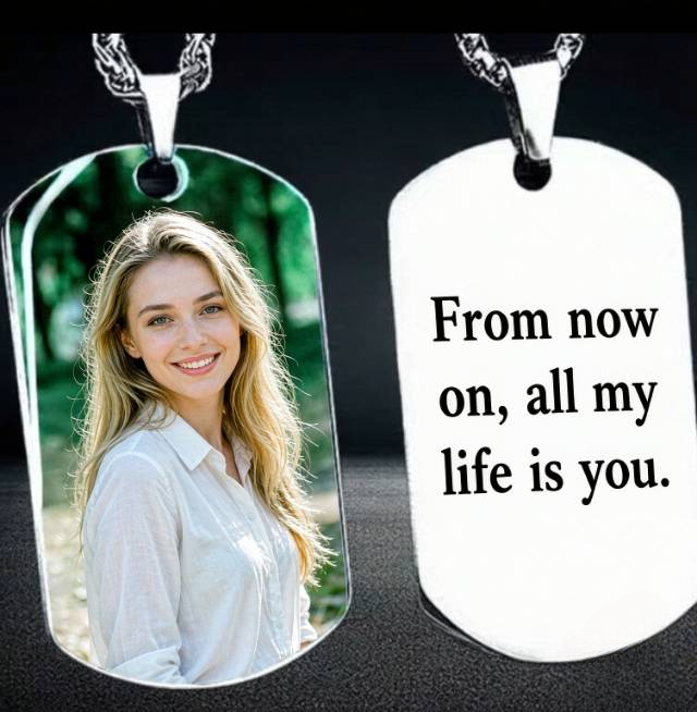 Custom Photo Engraved Dog Tag Pendant Necklace with Cuban Link Chain