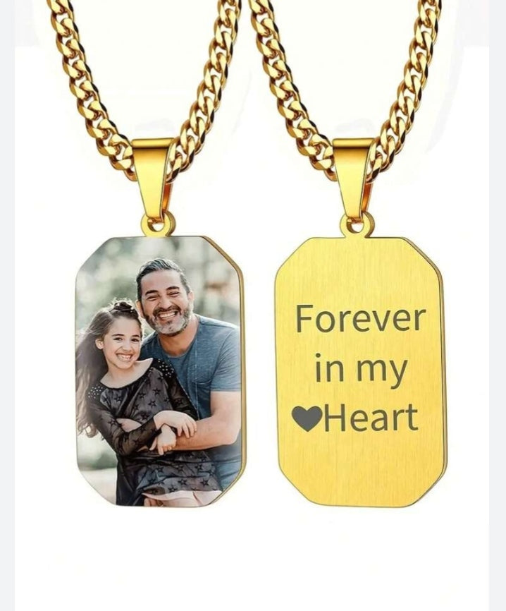 Custom Photo Engraved Dog Tag Pendant Necklace with Cuban Link Chain