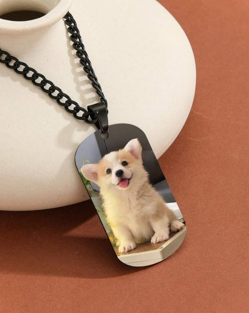 Custom Photo Engraved Dog Tag Pendant Necklace with Cuban Link Chain